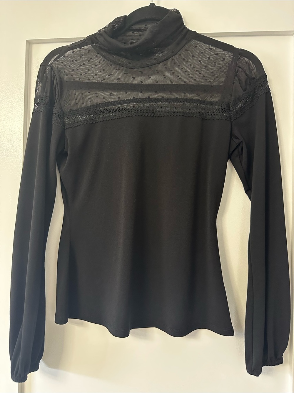 RW&CO. Black Long-Sleeve Mock Neck Top with Sheer Lace Yoke